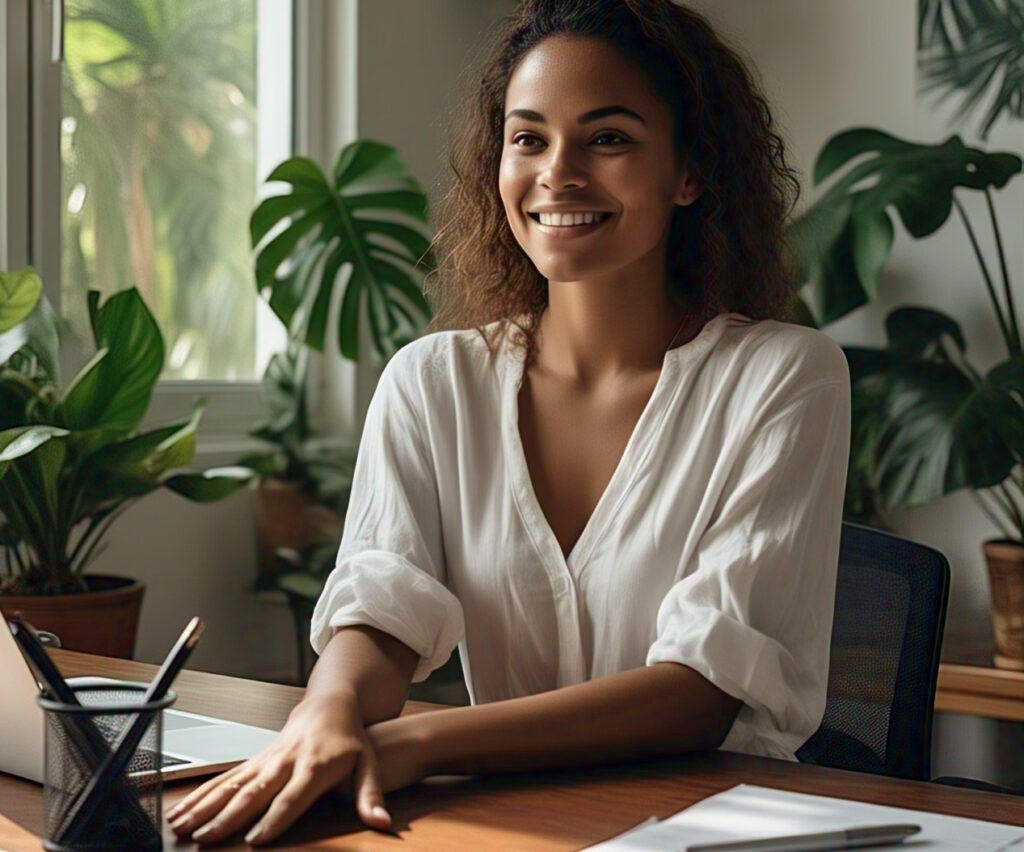 mulher feliz na bancada de trabalho