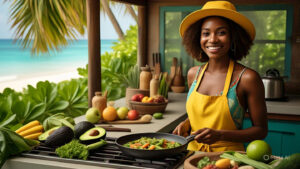 Pessoa sorridente cozinhando alimentos saudáveis em uma cozinha tropical, com ingredientes como abacate e castanhas.