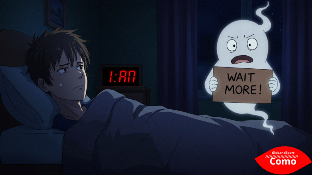 Cena anime de alguém tentando deitar com relógio marcando 1h e uma versão de si mesmo em estilo fantasma alertando com uma placa de “Espere mais!” – fundo noturno com toque humorístico.