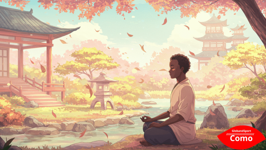 Cenário anime sereno com personagem meditando em um jardim japonês, folhas caindo ao redor, expressão calma. Cores pastéis e fundo harmônico.