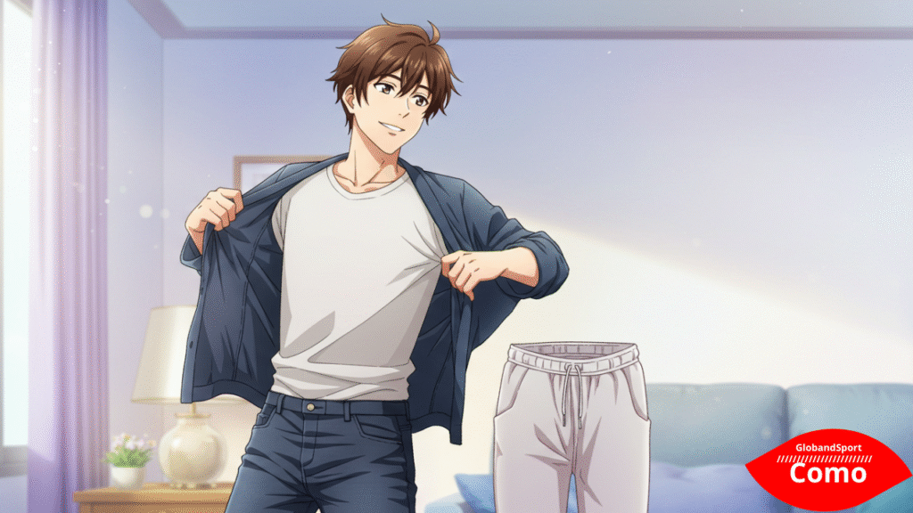Estilo anime slice of life: personagem trocando uma calça jeans apertada por uma roupa leve e confortável em casa, com alívio visível no rosto