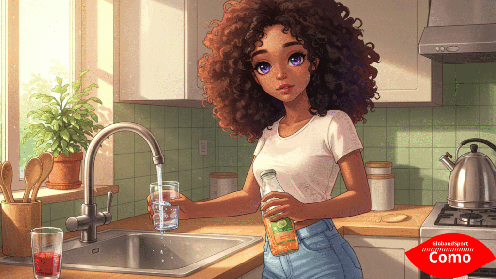 Garota anime enchendo um copo grande de água na cozinha enquanto segura uma garrafinha. Estilo anime clean, fundo claro e ambiente matinal aconchegante.