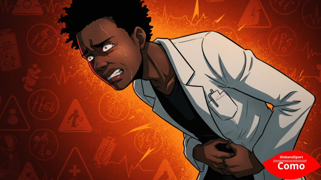 Personagem anime com expressão de dor, segurando o abdômen inferior direito, fundo vermelho alaranjado com ícones de alerta e febre, estilo médico com tom dramático