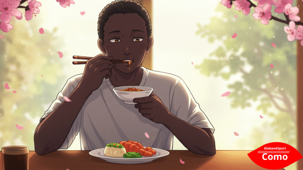 Personagem anime com expressão relaxada mastigando lentamente, sentado à mesa com prato balanceado. Estilo suave e acolhedor, fundo com elementos de tranquilidade (flores, luz suave).