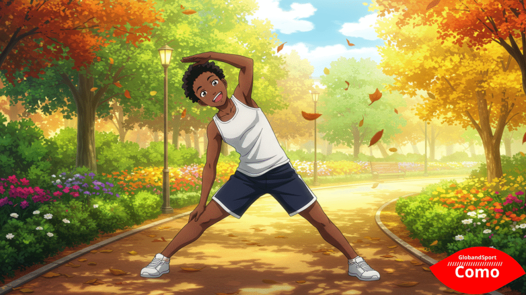 Personagem estilo anime em roupa esportiva fazendo alongamento ou caminhada num parque com folhas ao vento. Estilo soft shonen com luz solar e clima otimista.