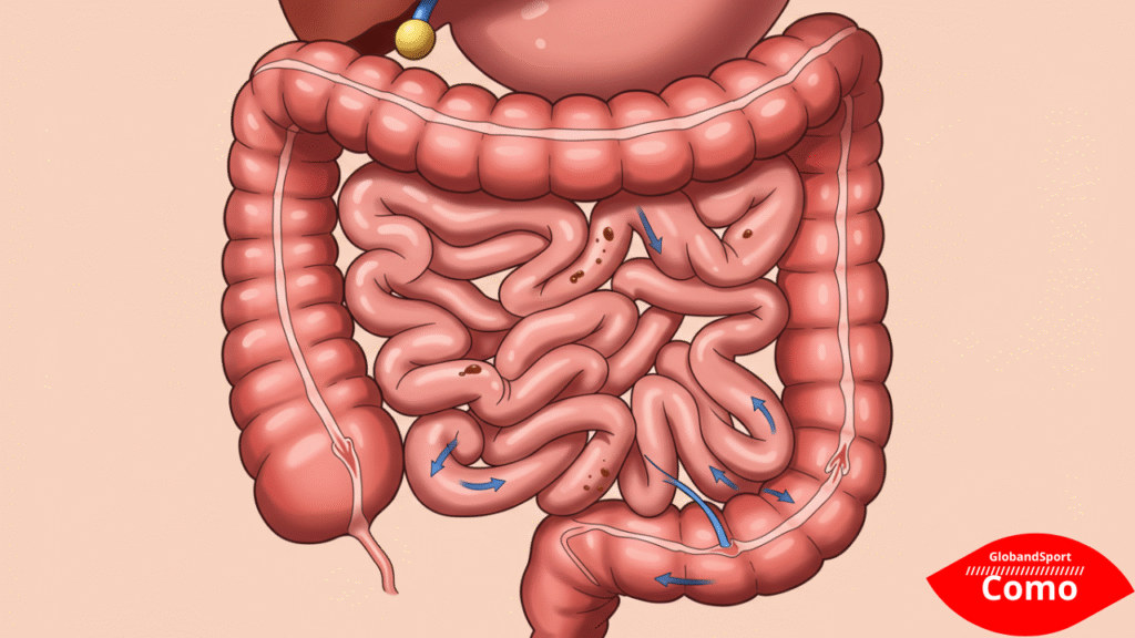 Ilustração em estilo anime anatômico mostrando o intestino grosso com destaque para o apêndice inflamado, com setas indicando bloqueios de fezes, muco e bactérias, cores suaves e educativas