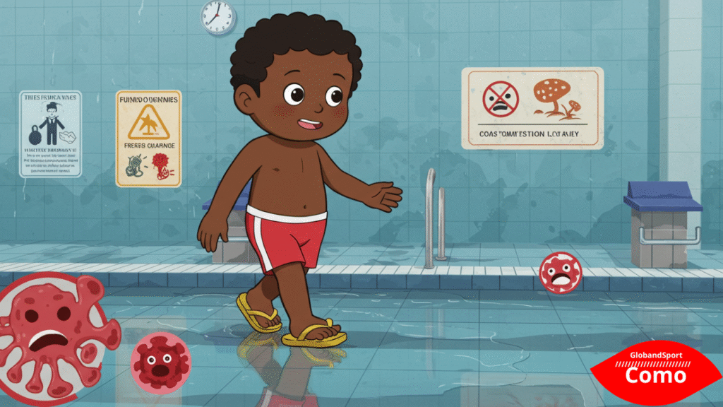Personagem estilo anime em uma piscina pública, andando com chinelos coloridos sobre o chão molhado. Ao fundo, sinalização educativa e ícones de fungos com carinha ‘assustada’ sendo evitados. Estilo divertido e educativo.