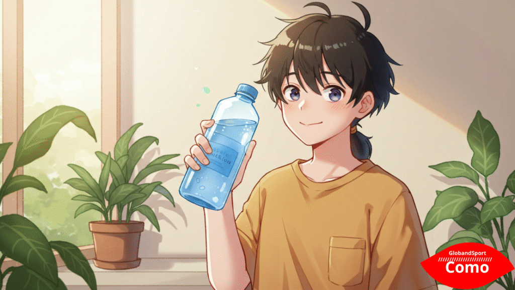 Personagem estilo anime segurando uma garrafa de água transparente com sorriso leve, em um ambiente ensolarado com plantas ao redor. Estilo leve e natural, com cores claras e fundo minimalista.