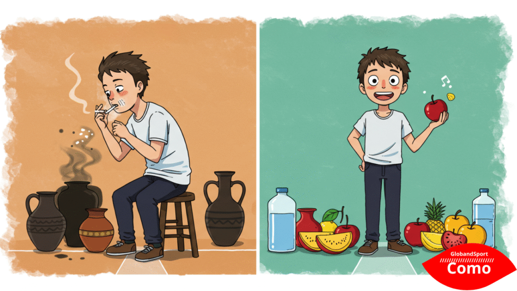 Cena anime com dois caminhos: um lado mostra um personagem tossindo com cigarro e vasos escurecidos, o outro lado mostra ele saudável, sorrindo com frutas e água. Estilo educativo com contraste visual.