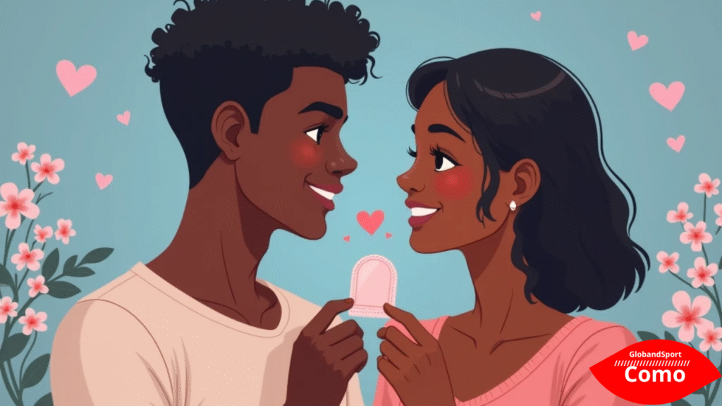 Cena estilo anime com casal sorrindo e segurando uma camisinha com leveza e responsabilidade. Fundo neutro com coração azul e flores discretas. Estilo romântico, educativo e respeitoso.