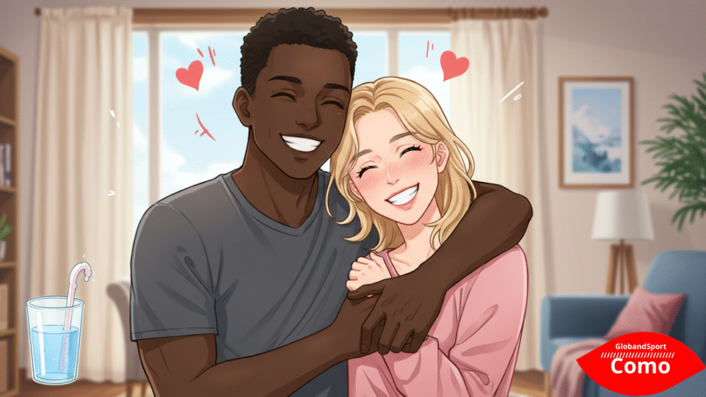 Casal estilo anime sorrindo e abraçado em um quarto bem iluminado, com elementos visuais como um copo de água, camisinha visível de forma sutil e setinhas indicando hábitos pós-relação. Estilo romântico e educativo.