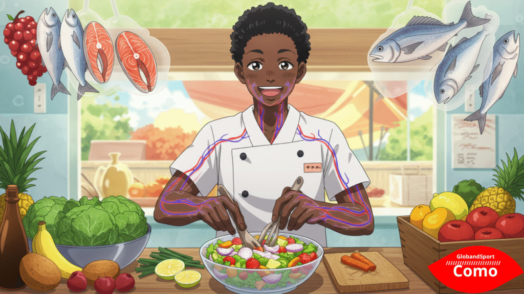 Personagem anime preparando uma salada colorida com peixes e frutas ao fundo, enquanto vasos sanguíneos transparentes brilham ao redor do corpo. Estilo vibrante, educativo e leve.