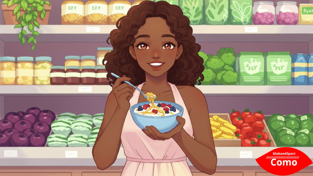Personagem estilo anime segurando um bowl com iogurte, frutas e mel. Fundo com prateleiras de alimentos saudáveis e plantas verdes. Estilo vibrante, nutritivo e feliz.