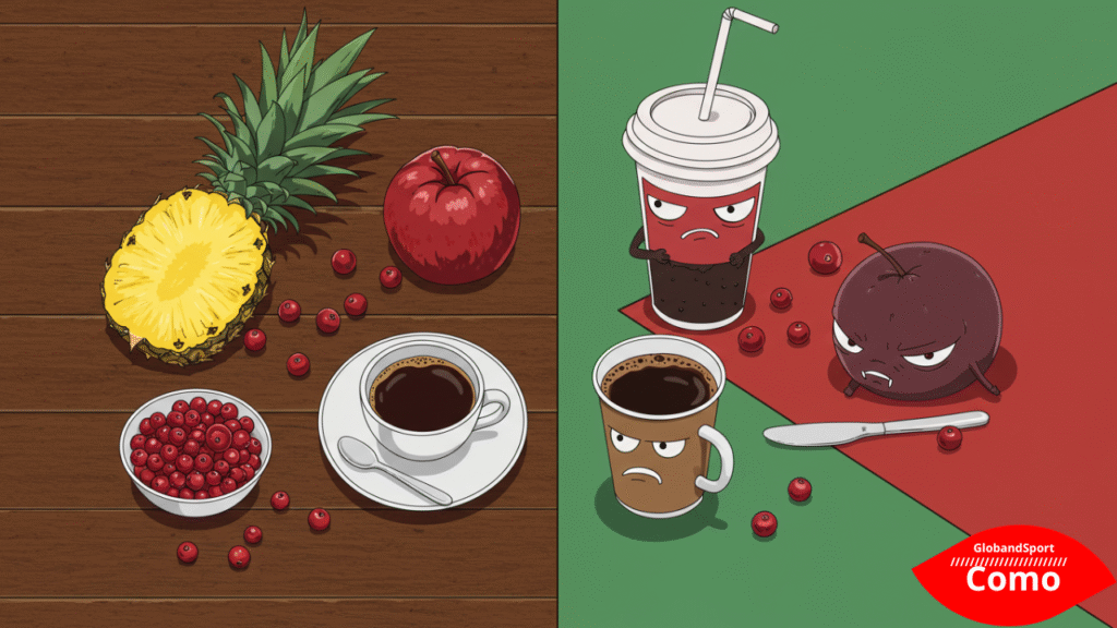 Mesa vista de cima com alimentos estilo anime: de um lado frutas como abacaxi e cranberry, do outro café e refrigerante com cara ‘mal-humorada’. Fundo dividido com cores verde e vermelho. Estilo divertido e colorido.