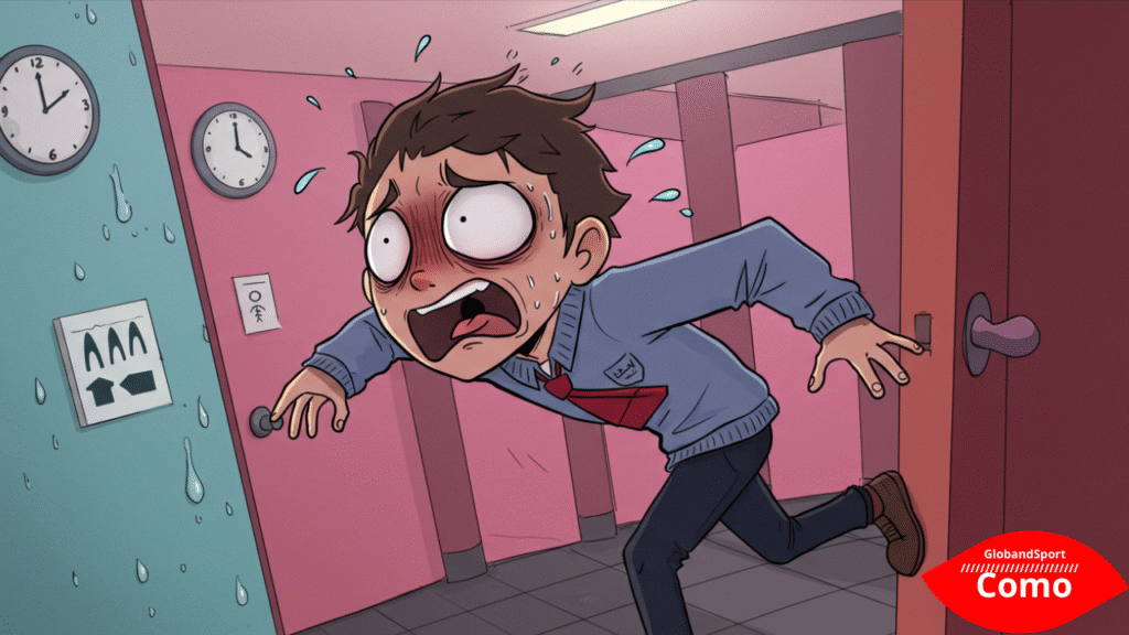 Personagem estilo anime, com expressão de desconforto, andando apressadamente em direção a uma porta de banheiro público. Elementos visuais como gotinhas e relógio estilizado ao fundo. Estilo expressivo e cômico.