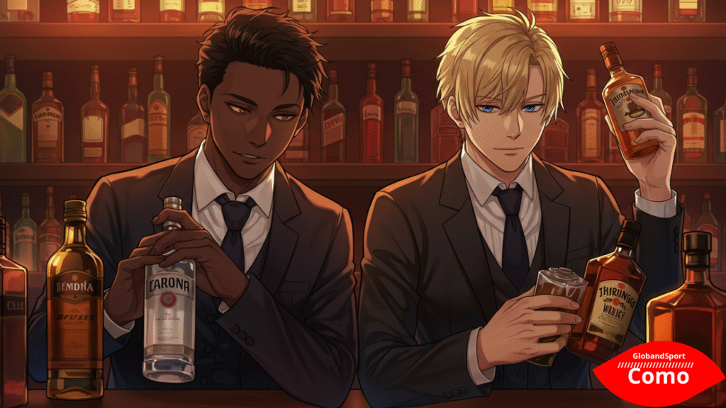 Dois personagens anime diante de uma prateleira de bebidas, analisando rótulos. Um escolhe vodka, outro segura whisky com dúvida. Estilo anime detalhado com iluminação suave de bar.