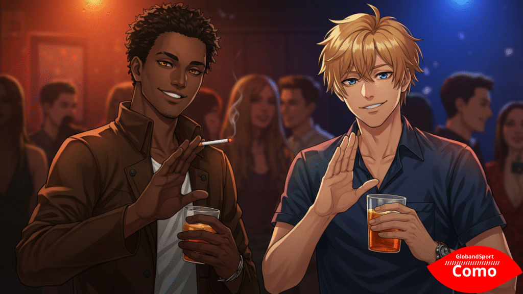 Dois personagens anime rejeitando educadamente um cigarro e uma bebida em uma festa, sorrindo com confiança. Estilo anime social com foco nas expressões e ambiente de amizade