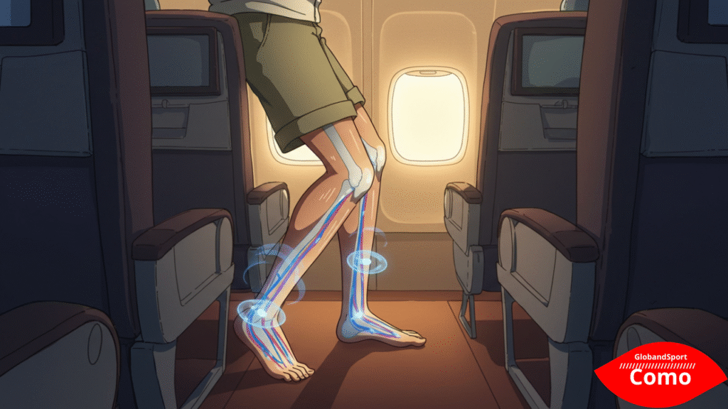 Cena anime dentro de um avião, com personagem movimentando os pés e esticando as pernas. Círculos azuis representam o sangue fluindo pelas pernas. Estilo flat anatômico e amigável.