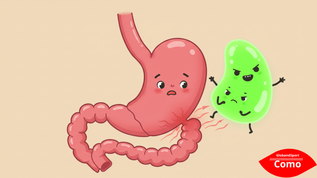 Esquema estilo anime médico mostrando o esôfago, estômago e o ácido subindo. Fundo clean, cores suaves, detalhes anatômicos simplificados com expressões faciais educativas nos órgãos.