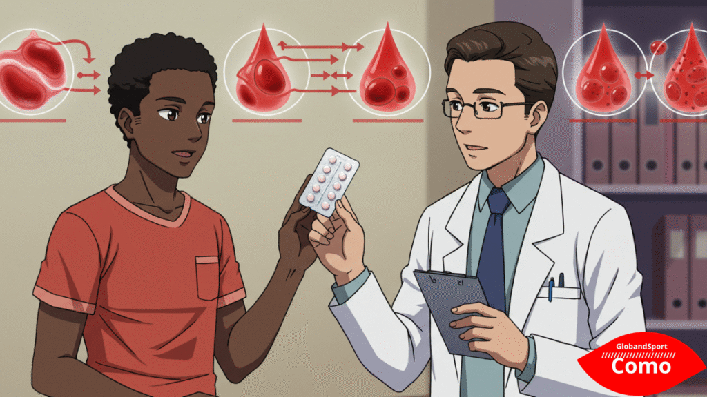 Personagem anime conversando com um médico sobre uma cartela de anticoncepcionais, enquanto uma animação simbólica mostra o sangue circulando livremente ou formando coágulos. Estilo clínico e educativo.