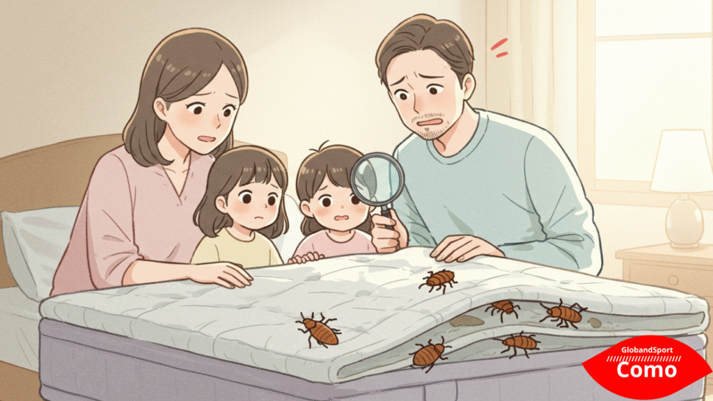 Cena estilo anime de uma família preocupada olhando um colchão com lupa, enquanto percevejos estilizados aparecem escondidos. Cores suaves, tom informativo e educativo.