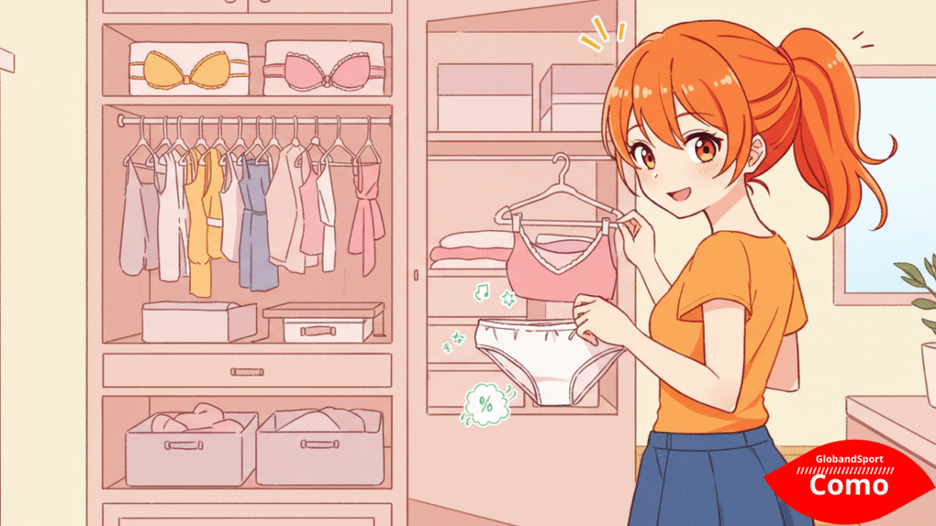 Personagem estilo anime escolhendo roupas íntimas em um guarda-roupa, segurando uma calcinha de algodão com ícones de ventilação e frescor. Fundo claro e organizado, estilo flat com toque realista.