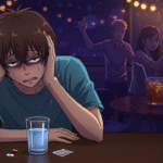 Personagem anime com expressão de ressaca, sentado à mesa com copo d’água e remédios, enquanto ao fundo há uma cena da noite anterior (festa, luzes, bebida). Estilo anime semi-realista, cores contrastantes entre a noite e o dia seguinte, composição centralizada.