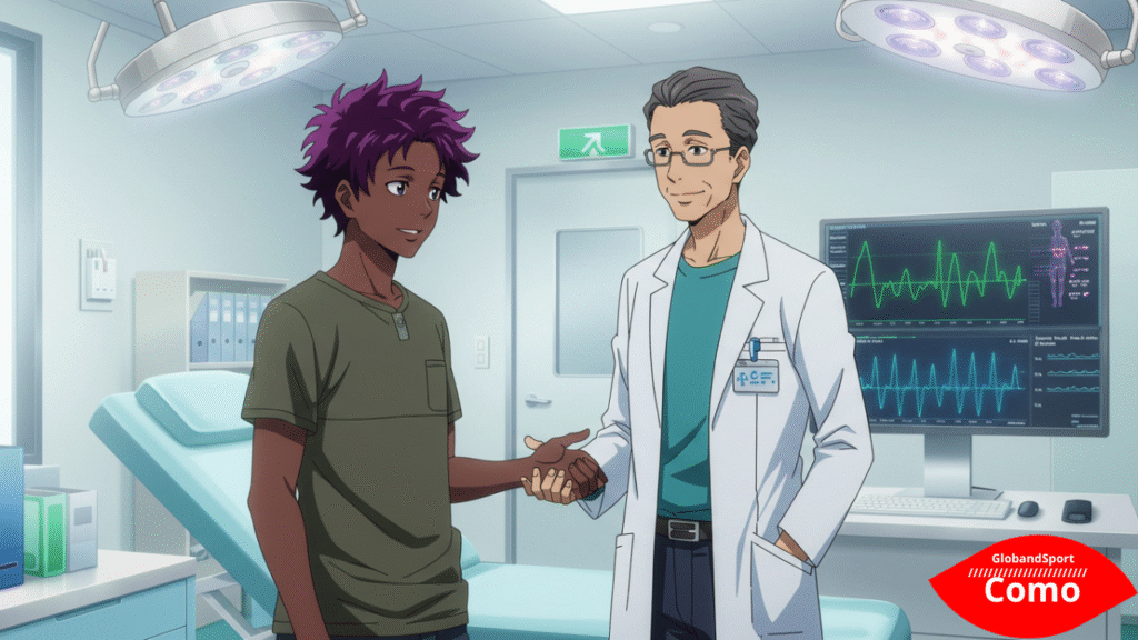 Personagem anime conversando com um médico simpático em um consultório moderno. O monitor exibe gráficos de saúde. Estilo anime médico com traços limpos e ambiente acolhedor.
