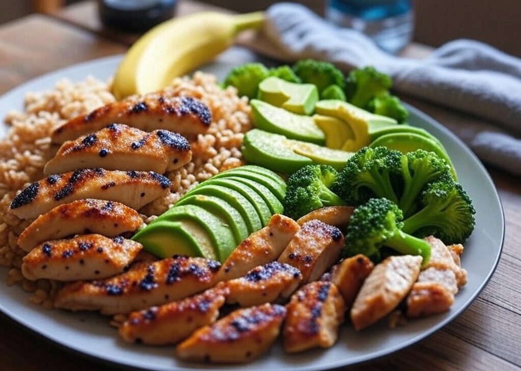 Um prato vibrante e apetitoso com alimentos que impulsionam o desempenho esportivo, como arroz integral, peito de frango grelhado, fatias de abacate, brócolis cozido e uma banana ao lado. O fundo é uma mesa de madeira rústica com uma garrafa de água e uma toalha de treino, sugerindo preparo para o esporte.