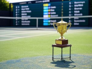 Quadra de tênis com troféu e tabela de ranking, representando o sistema de pontos do tênis profissional."