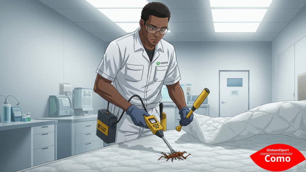 Anime estilo realista: um técnico com uniforme de controle de pragas inspecionando o colchão com equipamento. Ambiente clínico, visual limpo e profissional.