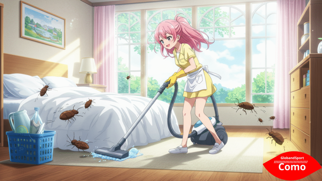 Anime-style: uma mulher jovem passando aspirador na cama, com percevejos fugindo simbolicamente. Ambiente limpo, com visual organizado e alegre.