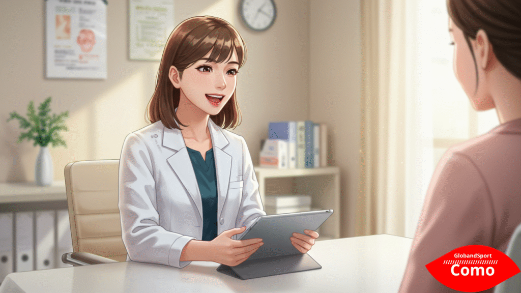 Pessoa sentada em consultório, médico dermatologista sorridente explicando com tablet na mão. Estilo anime semi-realista, clima profissional e acolhedor
