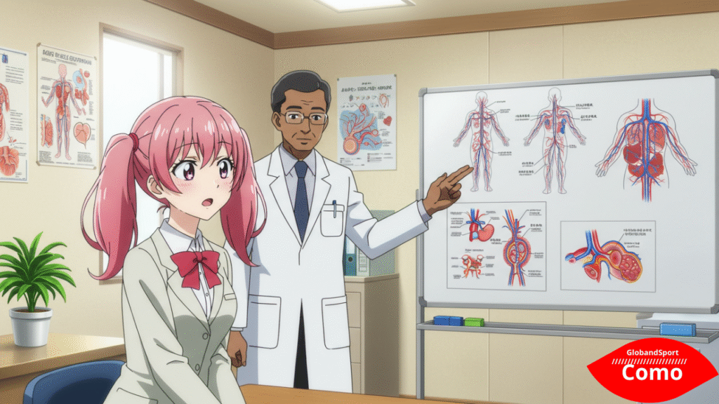 Personagem estilo anime em um consultório médico, com expressão atenta, conversando com um profissional que mostra imagens ilustrativas da circulação. Estilo acolhedor, educativo e clínico.