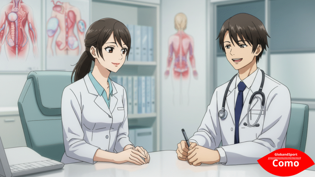 Personagem estilo anime sentado(a) com um médico sorridente em consultório moderno. Ambos em atitude de escuta e acolhimento, com ilustrações sutis de anatomia feminina ao fundo. Estilo profissional e leve.