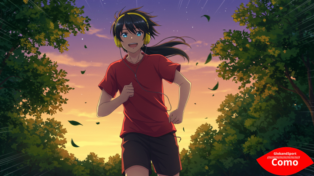 Personagem anime correndo alegremente por um parque ao entardecer, com fones de ouvido. Árvores ao fundo, folhas voando, estilo anime esportivo com traços dinâmicos e luz suave