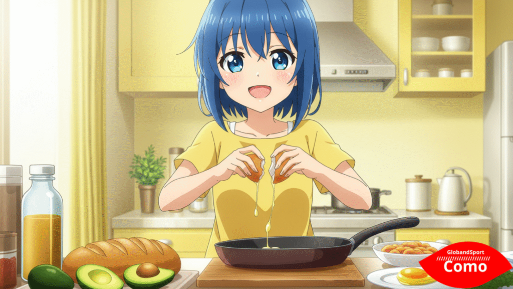 Jovem anime preparando uma refeição leve e nutritiva (ovos, abacate, pão integral) com expressão animada. Estilo anime slice of life, tons quentes e iluminação natural.