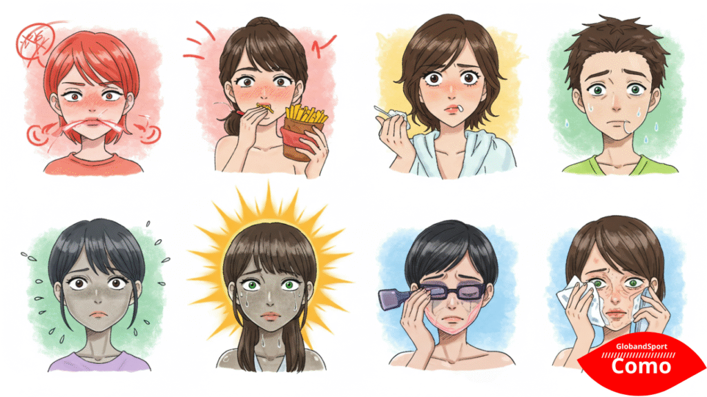 Montagem estilo anime mostrando 6 pequenos quadros: adolescente com hormônios à flor da pele, mulher comendo fast food, pessoa estressada, pele oleosa ao sol, pessoa usando maquiagem espessa, alguém limpando o rosto exageradamente
