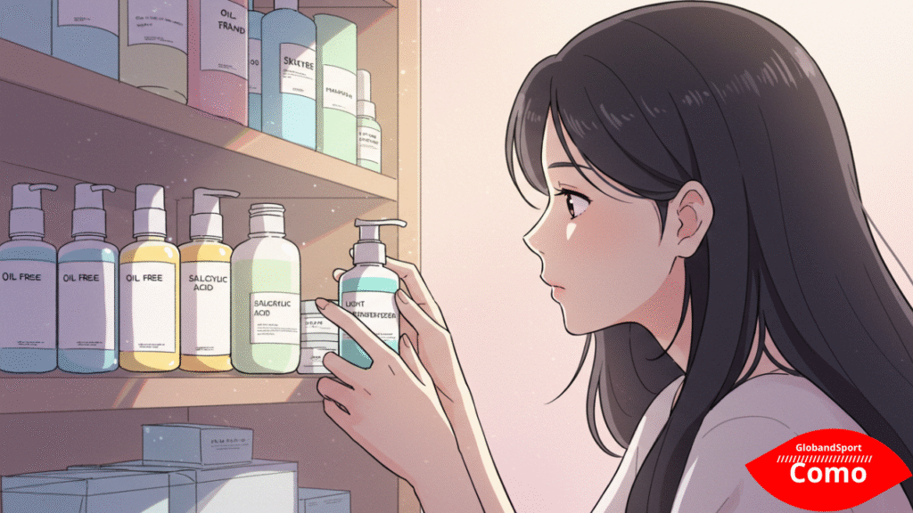 Estante com frascos de skincare minimalistas rotulados com 'sem óleo', 'ácido salicílico', 'hidratante leve'. Pessoa escolhendo com cuidado. Estilo anime clean