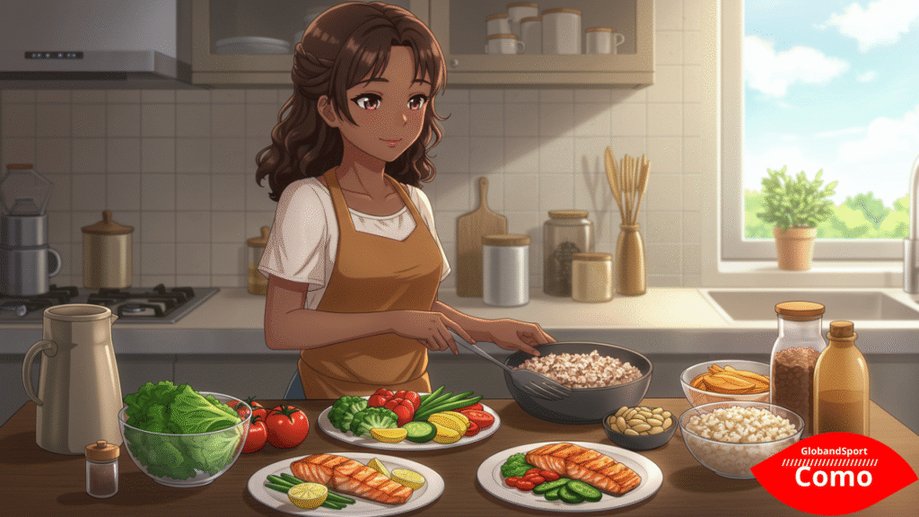 Jovem anime preparando uma refeição colorida com vegetais frescos, salmão grelhado e arroz integral em uma cozinha moderna. Estilo anime slice of life, tons claros e detalhamento nos alimentos.