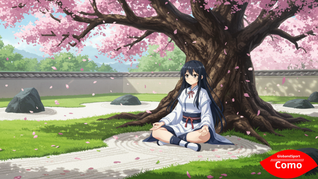 Jovem anime sentado de pernas cruzadas meditando sob uma árvore em um jardim zen. Expressão tranquila, pétalas ao vento, estilo anime espiritual com paleta de cores suaves e calmas.