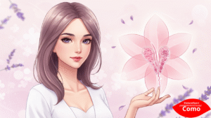 Personagem feminina estilo anime, com expressão calma e confiante, em um cenário clean e floral. Ao fundo, um gráfico suave em forma de flor representando o equilíbrio da flora vaginal. Cores rosa claro, branco e lavanda.
