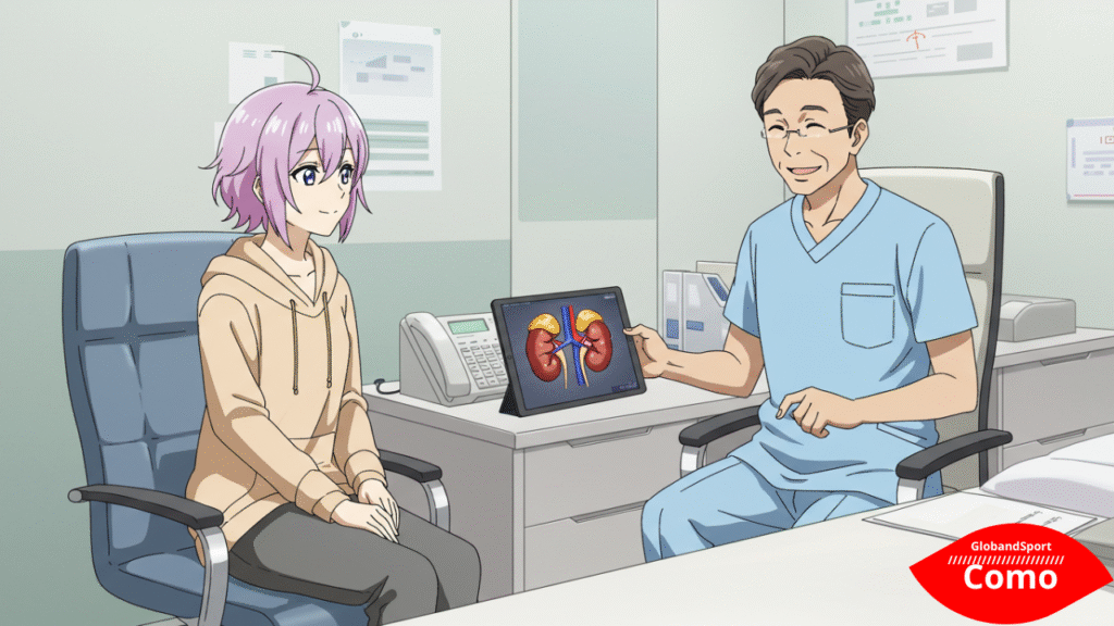 Personagem estilo anime sentado(a) em consultório moderno, conversando com uma médica sorridente que aponta para um tablet com imagem dos rins. Cores claras, ambiente acolhedor e profissional.
