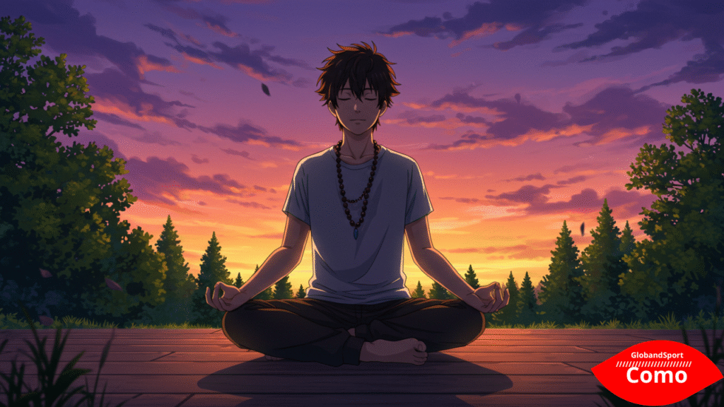 Cena de jovem meditando sentado em posição de lótus, com expressão serena, ao ar livre. Céu ao entardecer, árvores ao fundo, estilo anime calmo e colorido