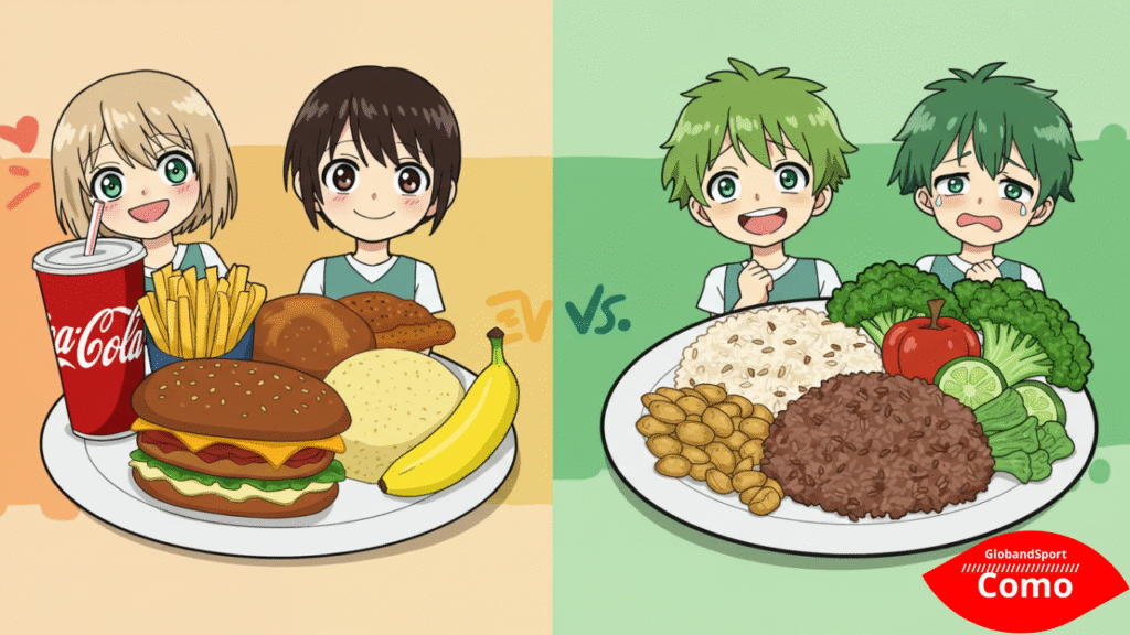 Cena anime estilo infográfico: dois pratos em contraste, um com fast food e refrigerante, outro com alimentos saudáveis (banana, arroz integral, legumes). Fundo dividido ao meio com expressões felizes e tristes.
