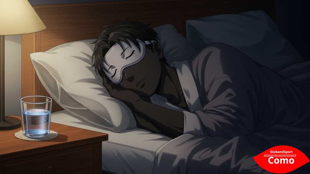 Personagem anime dormindo com máscara de dormir, ambiente escuro e aconchegante. Um copo de água e um chá sobre o criado-mudo. Estilo anime relaxante com cores frias.