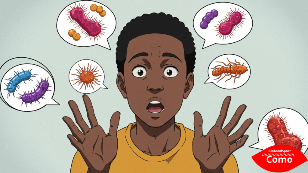 Pessoa com expressão de alerta segurando as mãos afastadas do rosto, com balões de pensamento representando bactérias. Estilo anime explicativo, fundo limpo