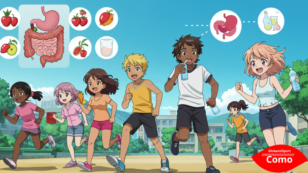 Cena em estilo anime alegre: grupo de pessoas fazendo atividades saudáveis como correr, comer frutas, beber água, e sorrir, com o fundo mostrando ícones digestivos animados