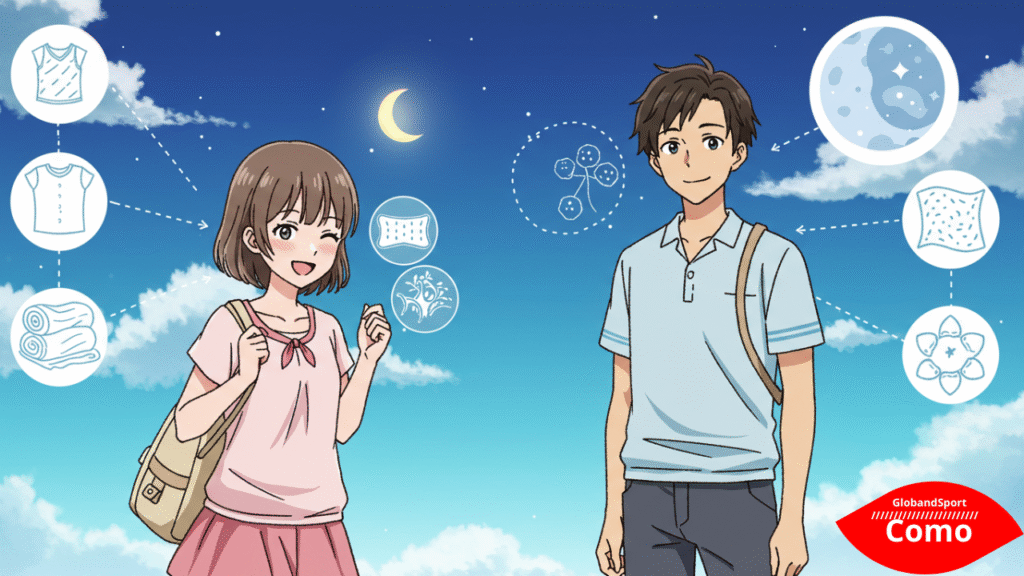 Cena em estilo anime com personagens femininos e masculinos mostrando roupas leves de algodão, sorrindo e trocando dicas. Fundo com ícones de roupas ventiladas, tecido e uma lua para simbolizar o descanso noturno. Estilo clean e acolhedor.