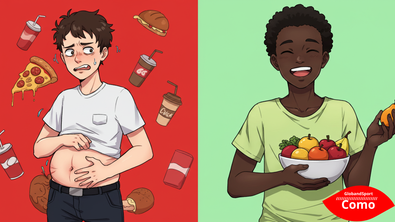 Arte estilo anime com dois personagens lado a lado: um com expressão desconfortável segurando o estômago com fundo vermelho e alimentos como pizza, refrigerante, café; outro sorridente com fundo verde claro e segurando uma tigela de frutas. Título flutuando em cima em tipografia moderna e leve. Estilo vibrante, expressivo, e informativo.